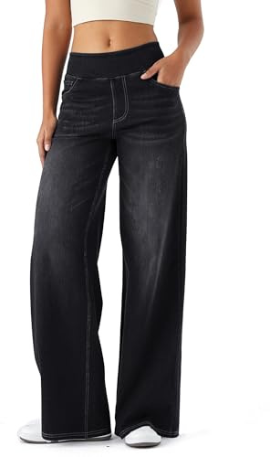 LaiEr Jeans a Gamba Larga Donne, Vita Alta, Gambe dritte, vestibilità Sciolta, Jeans Casual Molto Elastici, Adatto per Yoga, Fitness e Sport di Tempo Libero.(Grigio Scuro L)