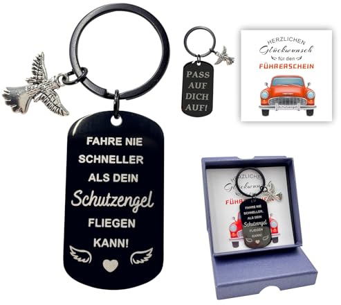 YDUNARISE Führerschein Bestanden Geschenk,Auto Schlüsselanhänger Schutzengel,“Fahre nie schneller, als dein Schutzengel fliegen kann! mit schöner Karte und Geschenkbox