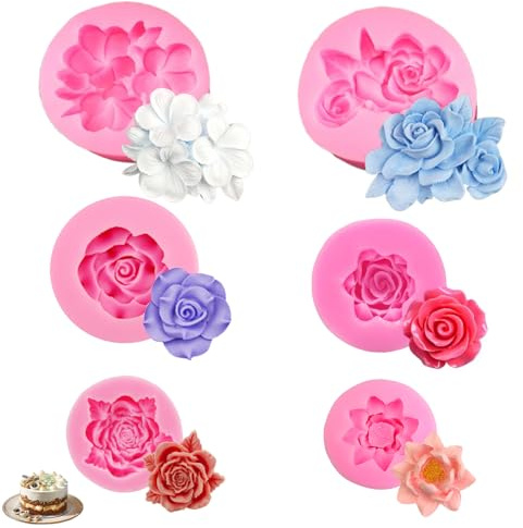 6PCS Flower Silicone Mold 3D Baking Cute Flower Silicone Cake Candle MoldsFondant Chocolate Cake Decorating Mould for Candle Home Decorate Making Soap Dessert Decoration Craft Mould