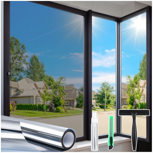 Homein One Way Privacy Window Film with Tool Window Tint for Home Heat Control Sun Blocking Anti UV Mirror Reflective Covering See Out Not in Static Cling No Glue Sliver 17.5 x 78.7