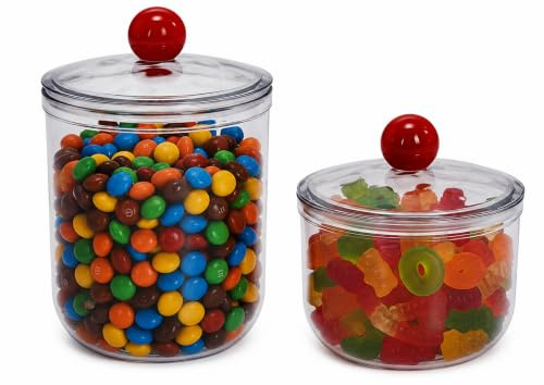 Punorric 2 Pack Candy Jars, 900&1400ml Airtight Plastic Sweet Jars with Lids, Clear Sweet Jars for Candy Buffet, Round Biscuit Tin for Kitchen, Food Storage Container for Cookie, Nuts, BPA-Free
