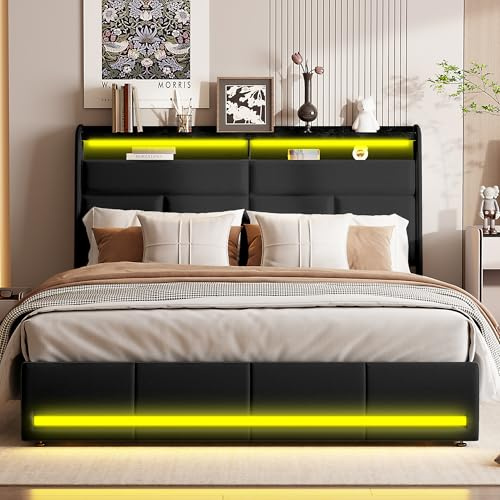 BRYXR Bett mit LED Kopfteil und USB, 140 x 200 cm Hydraulisches Stauraumbett mit Lattenrost, Boxspringbett in Schwarz, Stilvolles PU-Design, Ohne Matratze