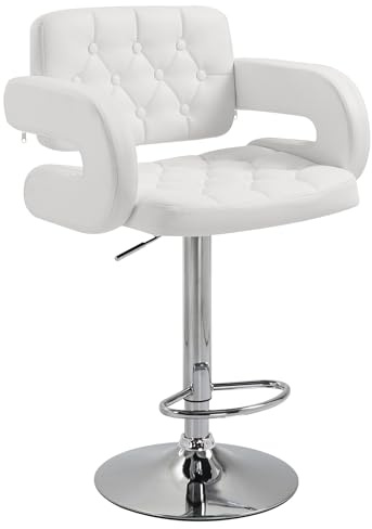 HOMCOM Taburete de bar, giratorio 360°, silla de bar regulable en altura con respaldo acolchado, reposapiés y reposabrazos, silla alta de cocina en PU y metal para comedor, mostrador, blanco