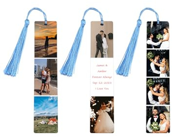 Jovivi Personalisiert Lesezeichen Holz Buchzeichen mit Foto und Text Bookmark Blau Quasten Buchzeichen Personalisiert Geschenk für Lehrer Schüler Leser Damen Herren (14.3cm)
