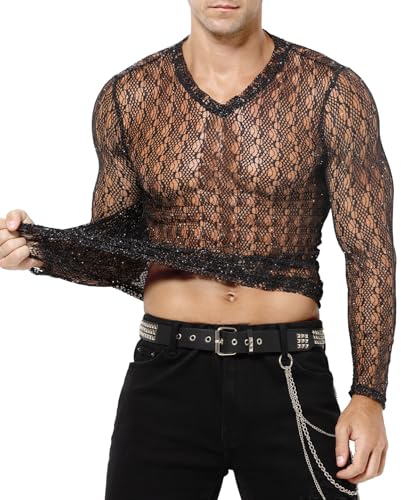 Casey Kevin Camiseta Transparente Manga Larga Hombre Brillante Camisa Muscle T-Shirt Rock Ropa Fiesta Lentejuelas Clubwear