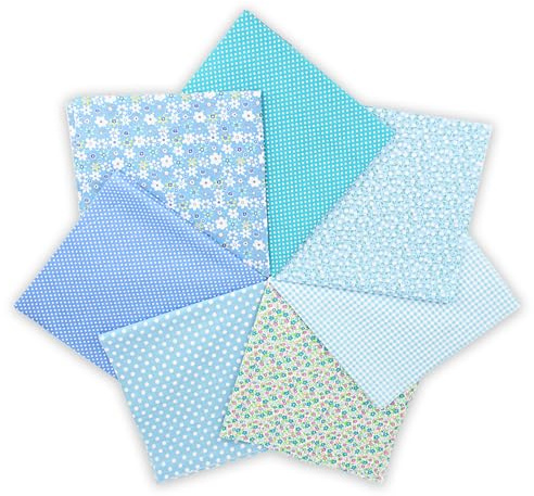 7 stycken bomullstyg, tygpaket 50 x 50 cm, patchworktyger, tygrester – gör-det-själv-tyg för pyssel, quiltning, dekoration och dockkläder, ren bomull, fashionabla mönster (blå)