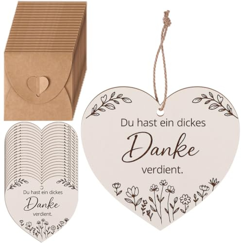 Tenare 20 Sets Dankeschön Geschenke Kleines Dankeskarte Holzherz mit Gravur Holzanhänger mit Umschläge aus Kraftpapier Abschiedsgeschenk Danke Geschenk für Kollegen Freund Lehrer Abschluss Team