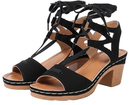 Sandalia ortopédica genérica para mujer con cordón – Sandalias para mujer, verano, cómodas, tacón alto, tapas, punta abierta, transpirable, zapatos de tacón de bloque de carpa, boda, tapetes de