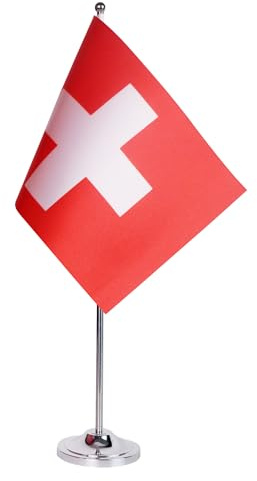 AZ FLAG Tischflagge Schweiz 22x15 cm Helvetische Satin Metallsockel | Für innen Tischflagge genähte Ausführung mit verstärkten Kanten mit Mast