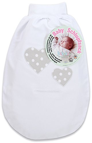 babybay Schlupfsack Organic Cotton mit Gurtschlitz, weiß Applikation Herz perlgrau Punkte weiß