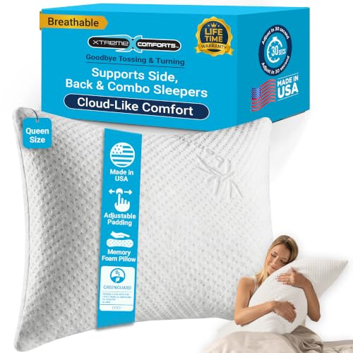 Xtreme Comforts Almohada de espuma viscoelástica triturada, apta para alérgicos y refrescantes para dormir en el lado, la espalda y el estómago, lavable a máquina, almohadas de espuma para dormir y aliviar el dolor de cuello (Queen)