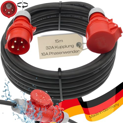 netbote24 CEE-Adapterkabel Starkstromkabel Verlängerungskabel Kraftstromkabel Adapterleitung 16A PCE-Stecker auf 32A Dose Buchse 5 polig H07RN-F 5X2,5 400V mit Phasenwender 15m