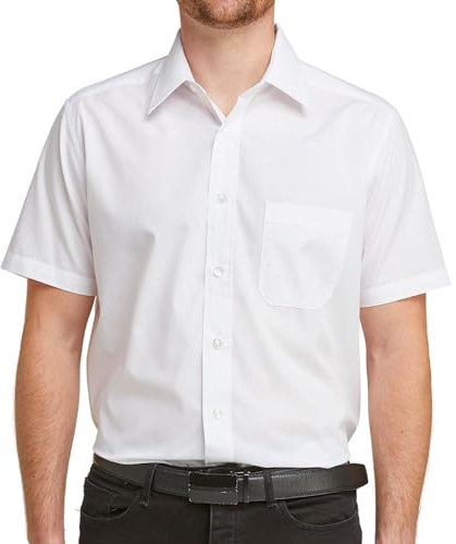 Double TWO Men's Short Sleeve Dress Shirt Easy Care Classic Fit Formal Plain Business Shirt - White, 18in Collar