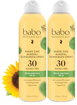 Babo Botanicals Sheer Zinc Continuous Sunscreen Spray SPF30 - Natural Zinc Oxide - Extra Sensitive Skin - Water Resistant - Vegan - Fragrance-Free - Air-Powered Spray - For all ages - 2-Pack