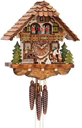 Cuco Clock Kuckucksuhr Schwarzwalduhr 'Holzhacker, Hund und Mühle' 20 x 32 x 34cm Wanduhr Holz, 1 - Tage Werk, manuelle Nachtabschaltung