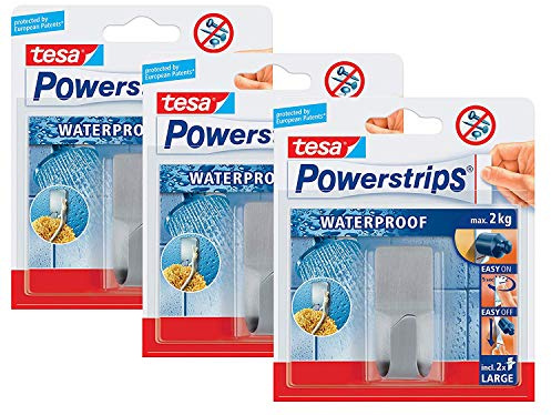 tesa Powerstrips Waterproof Haken Zoom Metall - Wasserfester Klebehaken aus Edelstahl für Badezimmer und Dusche (3, Haken)