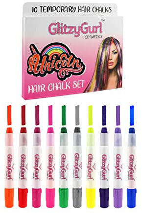 Premium Neon Hair Chalk Set by GlitzyGurl, 10 x Kind Temporary Non-Toxic Easy Washable Hair Dye Colourful Hair Chalks Set for Girls