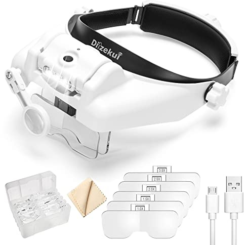 Dilzekui Headband Magnifying Glass with Light, Rechargeable Head Magnifying Glasses 1X to 14X, Magnifier Headset with 6 Detachable Lens, Hands Free Head Mount Magnifier for Close Work Jewelry Crafts