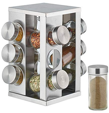Relaxdays Gewürzkarussell mit 12 Gewürzgläsern, 360° drehbar, Edelstahl, Glas, HxD 22 x 19 cm, Gewürzregal eckig, silber, 10032729