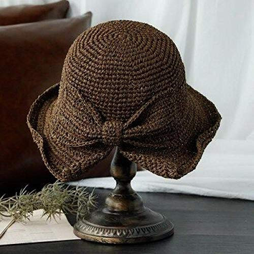 Sonnenhut Strohhut Hut Damen Frauen Strand Elegante Sonnenhut Floppy Krempe Faltbare Panama Chapeau Breite Krempe Bowknot Stroh Visiere Hut-Braun_56-58Cm