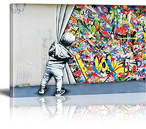 Druck auf leinwand Bilder Banksy Graffiti Behind the Curtain Wand Bild Street Pop Art Gemälde Kunstdruck Modern Wandbilder XXL Wanddekoration (Mit Rahmen, 120x80cm)