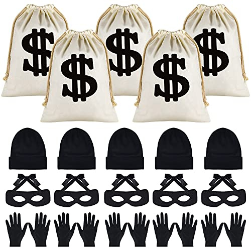 MIAHART 20-teiliges Räuber-Kostüm-Set, inklusive Augenmaske, Strickmütze, Leinwand, Dollarzeichen, Geldbeutel, Halloween, Cosplay