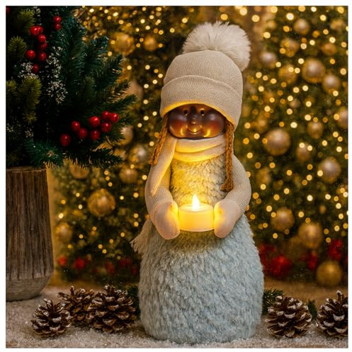 com-four® Weihnachtsdeko Mädchen mit Kerze, Weihnachtsfigur stehend | Dekofigur zu Weihnachten - Standfigur mit flackerndem LED-Licht