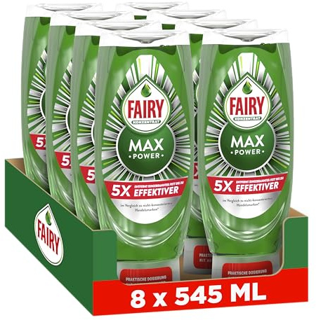 Fairy MaxPower Handgeschirrspülmittel 8x545ml, einfache und mühelose Reinigung, selbst bei den fettigsten Töpfen und Pfannen