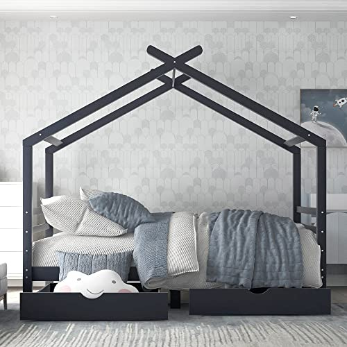 ZYLOYAL10 Holzhausbett mit zwei Schubladen für Kinder, massives Kiefernholz, 90 cm Einzelbaumhaus, Himmelbett für Kinder Mädchen und Jungen, 190 x 90 cm, Nacy Blue