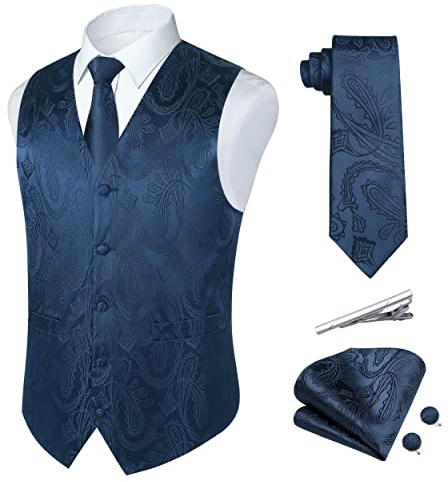Rithern Herren Weste Paisley Floral Jacquard Seide Krawatte Einstecktuch Taschentuch Set mit Manschettenknöpfen und Krawattenklammer Set für Hochzeitsfeier Anzug Weste Set