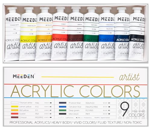 MEEDEN Professional Acrylic Paint Set: Artist Grade Heavy Body Acrylic Paint Tubes - Art Supplies for Canvas Painting - 60ml x 9 Tubes