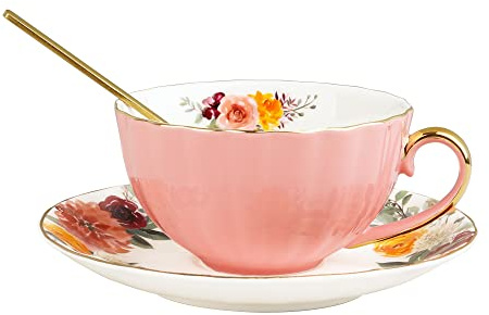 fanquare Englische Rosa Teetasse, Porzellan Teetasse mit Löffel, Keramik Teetasse mit Untertasse, 200ml