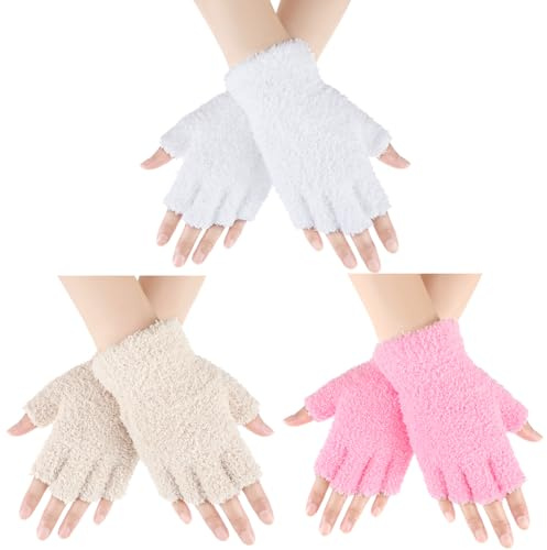 Geyoga 3 Paires Gants sans Doigts Unisexes Épais en Microfibre Demi-Doigts Mitaines Tricotées Chaudes Douces (Chameau, Blanc, Rose)