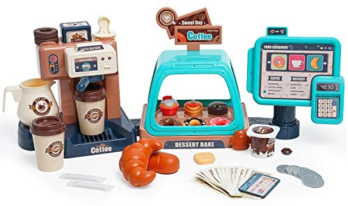 Pretend Role Play Toy Coffee Shop for Boys and Girls with Coffee Maker Machine and Fake Donuts 41Pcs (GREEN)