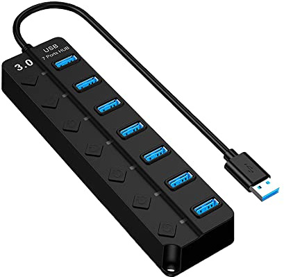 Xreuctop USB Hub, Tragbar 7 Ports USB 3.0 Hub mit LED Einzelnen Schalter und 5V Stromanschluss, USB Verteiler 3.0 für Laptop, PC, MacBook Pro/Mini, Windows, Surface Pro, Mobile HDD, weitere USB Geräte