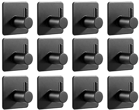 Feligio Haken Klebehaken Ohne Bohren 12 Stück, Haken Selbstklebend Schwarz, Edelstahl Wandhaken für Haus, Küche, Bad, Büro
