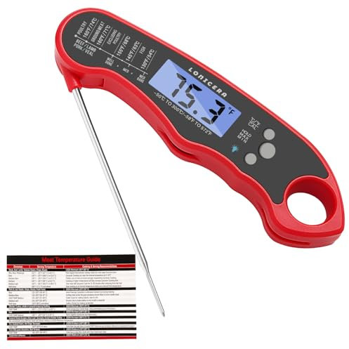 Lonicera Digital Meat Thermometer with Foldable Drilling, Backlight and Calibration, Waterproof and Instant Reading, for Kitchen, Eating, Cooking, Baking, Sugar, Liquid (Red)