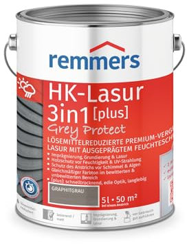 Remmers Aqua Lasure HK 3en1 Grey Protect gris graphite, 5 litres, Lasure pour bois, Protection 3 en 1 pour le bois, en teintes de gris naturel, pour les palissades, carports et chalets de jardin