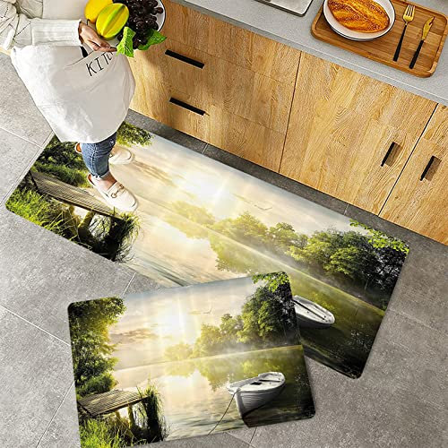 Küchenteppich Teppich Läufer Küchenläufer 2 Stück rutschfest,Natur, Boot am nebligen See Deck Verträumter Wald am Morgen Landhausstil Bild, Hellblau un, Waschbar für Flur Küche 40 x 100 cm+40 x 60 cm