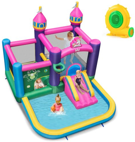 COSTWAY Inflatable Bouncy Castle, Kids Bounce House with Blower | Slide, Basketball Hoop, Ball Pits, Blow Up Children Jumper for Outdoor Indoor, 392x327x270cm