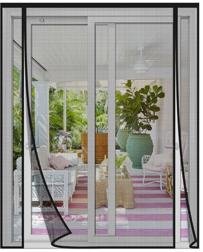 Risareyi Magnet Fliegengitter Tür 155x220cm, Schwarz Fiberglas Netz Insektenschutz Balkontür Magnetvorhang Doppelter Seitliche Öffnung für Doppeltür Schiebetür Terrassentür Moskitonetz, Ohne Bohren