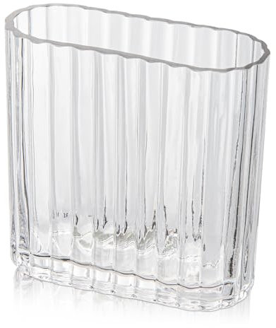 Oairse Clear Glass Vase for Flowers 14CM Decorative Ribbed Oblong Flower Vase for Modern Living Room Dining Table Wedding Home Wedding Party Table Centerpiece