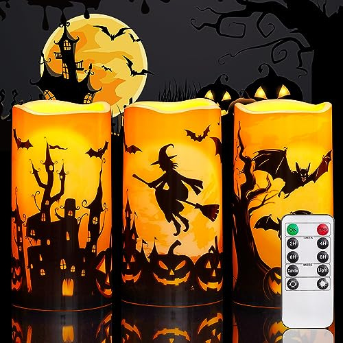 Halloween Flammenlose Kerzen mit Fernbedienung Timer, Orange Batteriebetriebene Wasserdicht Outdoor LED-Kerzen, Gruselige Kerzen für Halloween-Deko, Hexen, Fledermäuse, Burgen, Kürbisse, 3er-Set