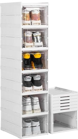 ZLLZUU Shoe Storage Box, No-Assembly 6 Tiers Foldable Shoe Organizer with Clear Door, Space-saving Shoe Rack，Sturdy Clear Plastic Stackable Sneaker Container