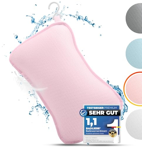 BadLiebe Coussin de bain rose de qualité supérieure avec 4 ventouses extra puissantes - Avec crochet intégré - Pour la nuque et le dos
