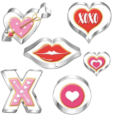 UKoosien Valentinstag Ausstechformen Set-6 Stück-Großes Herz, Mini-Herz, Lippen, X, und O-Ausstechformen Plätzchen Ausstecher Keksausstecher für Kinder