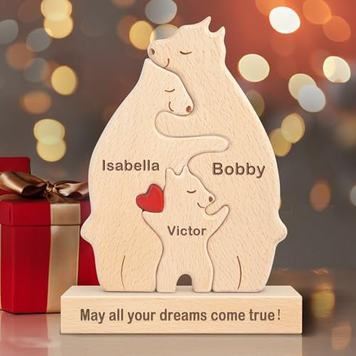 Kowlone Personalisiertes Holzkunstpuzzle der Bärenfamilie Geschenk mit 1-8 Namen, We Are One Holz Bär Tier Skulpturen Desktop Ornament Heim Tischdekoration Ideen für Weihnachts Jubiläum Geburtstag