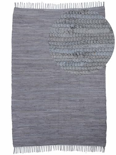 carpetfine Flickenteppich Kelim Chindi Uni Hellgrau 140x200 cm, handgewebt | Fleckerlteppich aus Baumwolle für Wohnzimmermit Fransen