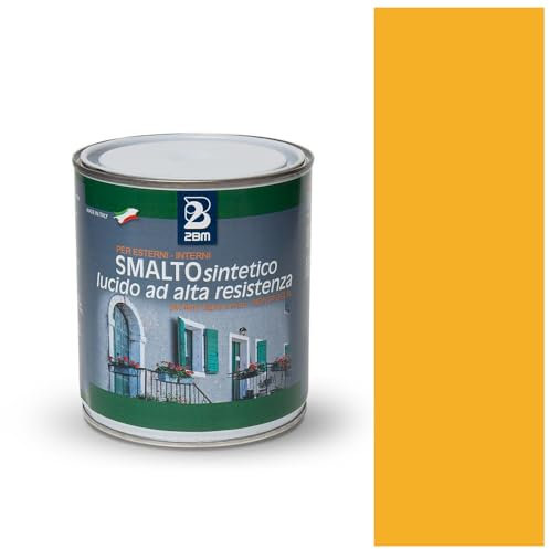 2BM Smalto Sintetico ad Alta Resistenza Giallo Segnale RAL1003 a Solvente Brillante Inodore, Non Ingiallente, Adatto a Legno, Metallo e Muro, Per Interni ed Esterni | Formato 0,75 lt
