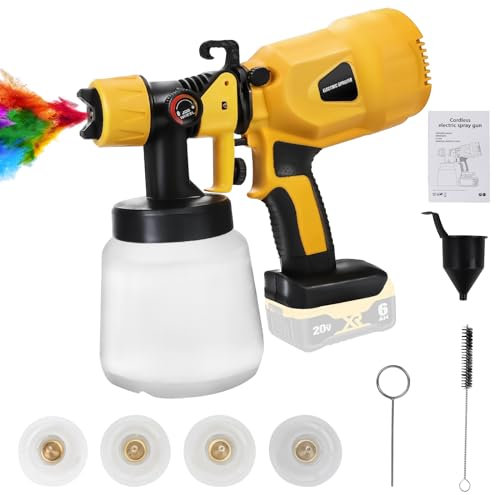 Cordless Paint Sprayer for Dewalt 20V Max Battery, 400W HVLP Paint Sprayer Gun, Brushless Motor, 4 Nozzles, 3 Spray Patterns for Home Interior & Exterior, House Fence Walls Painting (NO BATTERY)